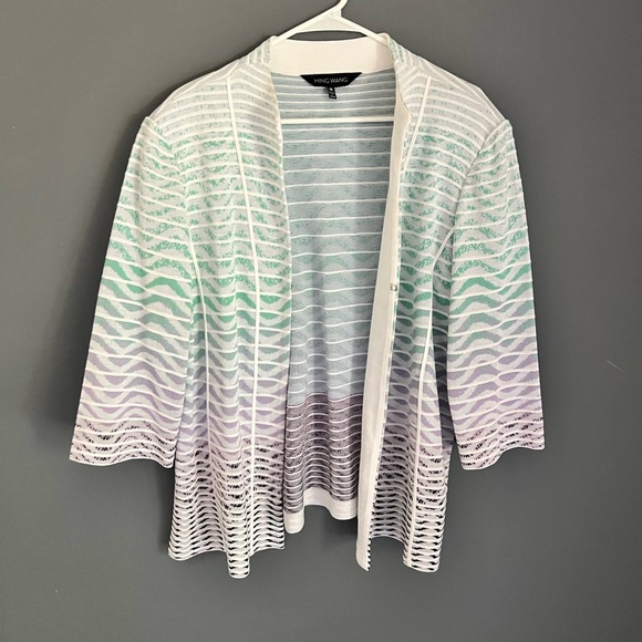 Ming Wang Women’s Size 1X Pastel Knit Open 3/4 Sleeve Cardigan Blazer Jacket - Picture 2 of 5